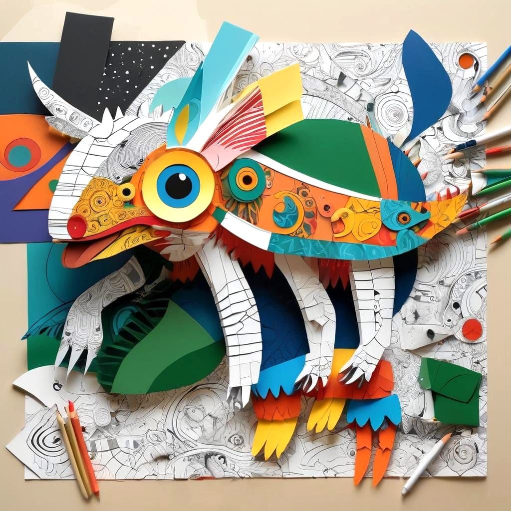 Hybrid Animal Coloring Book Page in Collage Style