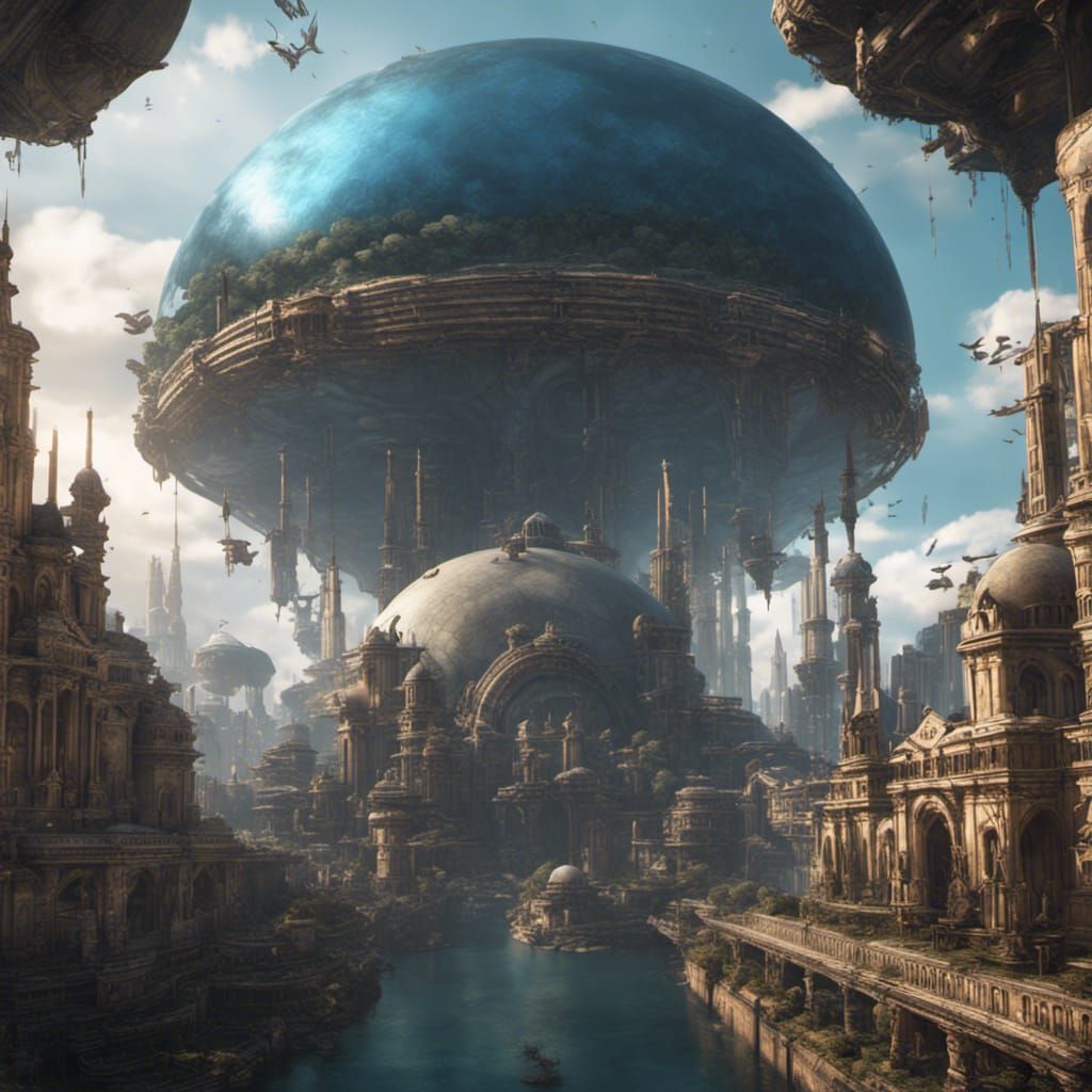 Dystopian Floating City in Dome: Matte Painting