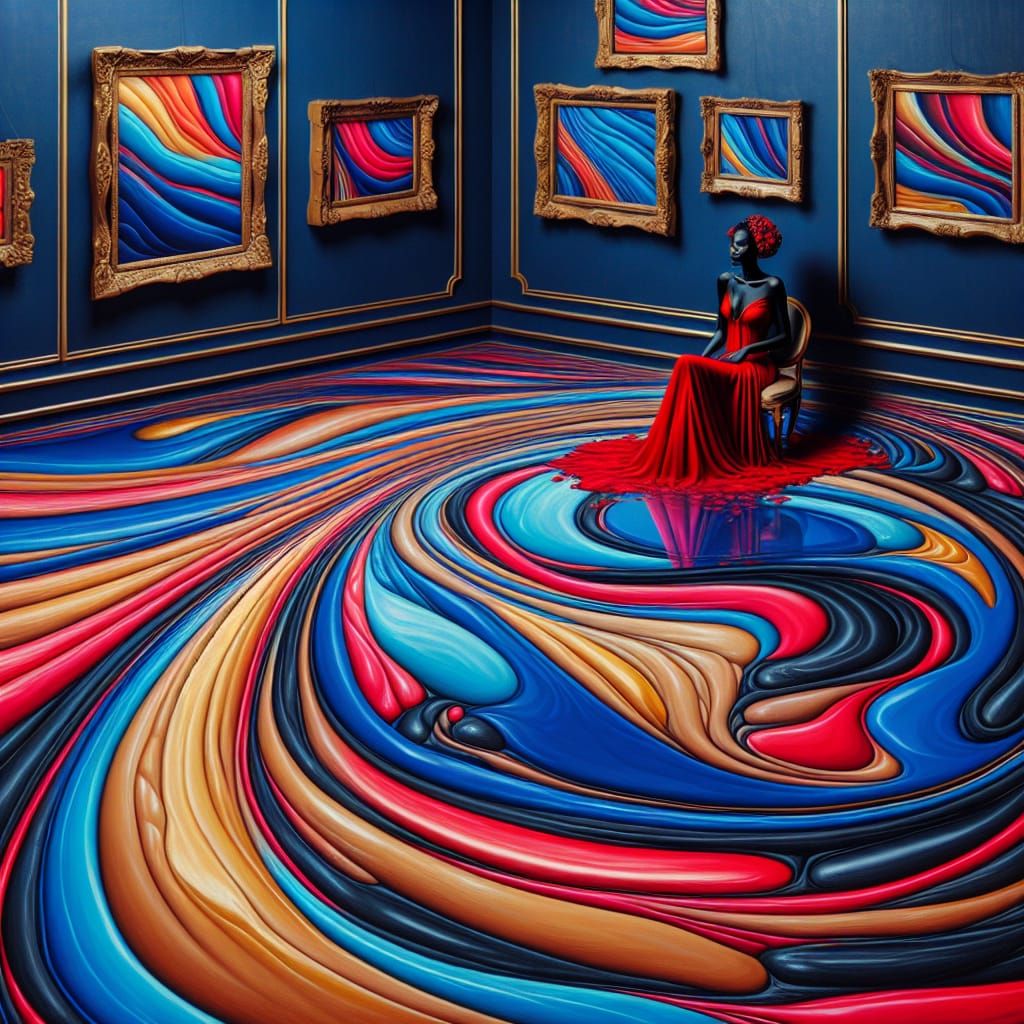 Surreal Woman in Red Dress with Gold Accents