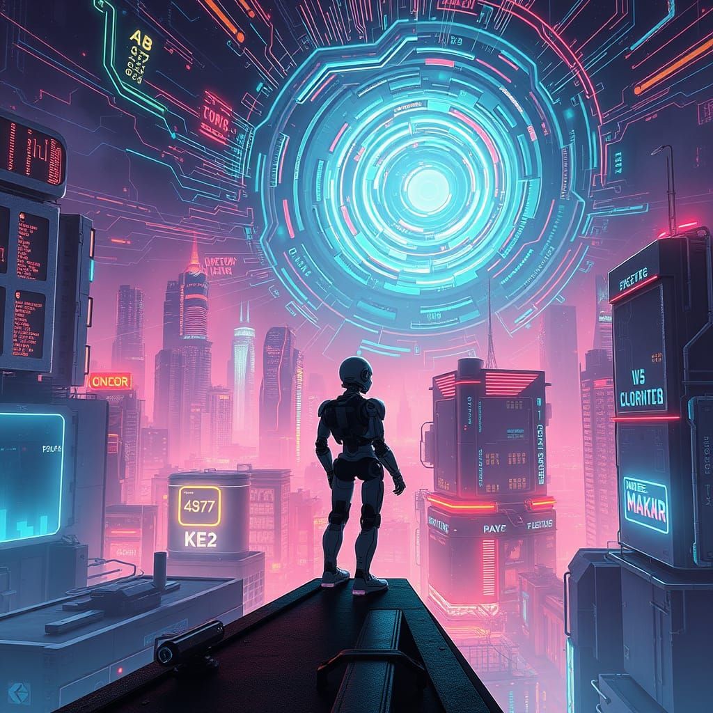 Futuristic Robot Contemplates Digital Existence