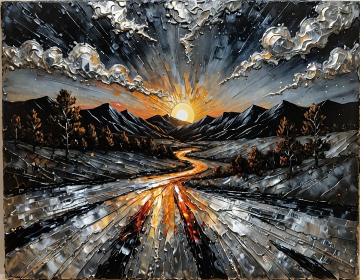 Encaustic Night Landscape with Wolves in Silver