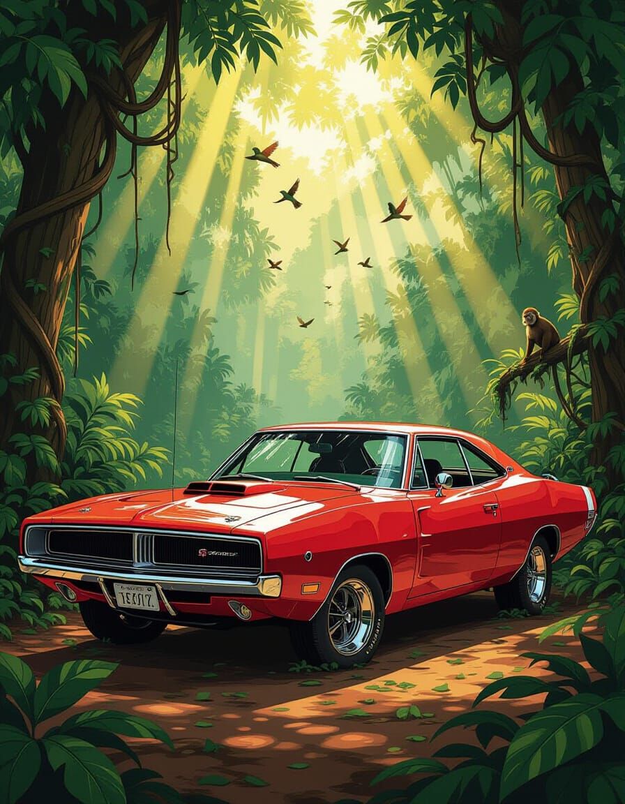 Vintage Charger in Jungle Clearing, Art Nouveau Style