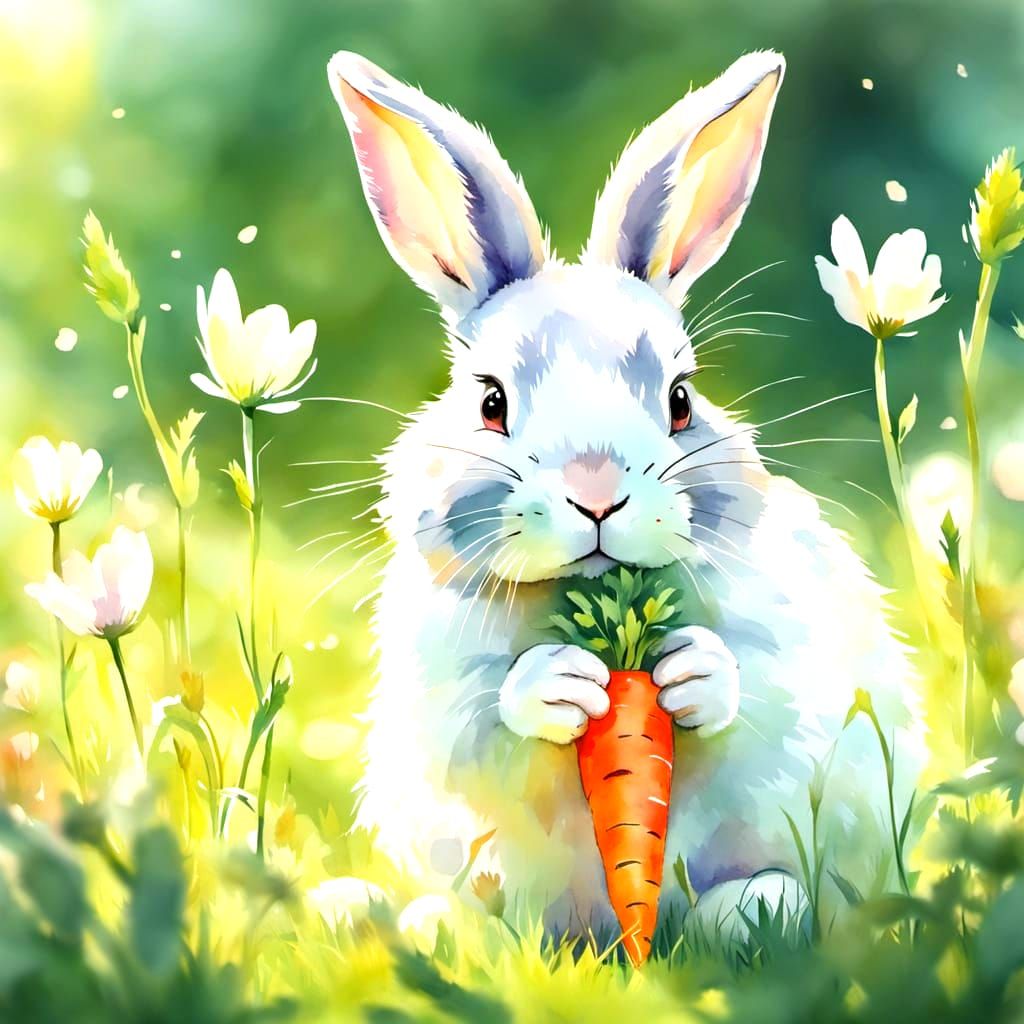 A Fluffy Bunny Delights in Crunchy Carrot Snack in Whimsical...