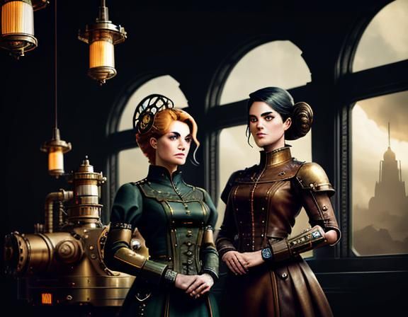 Steampunk Twins in Time Machine: Cinematic Digital Art