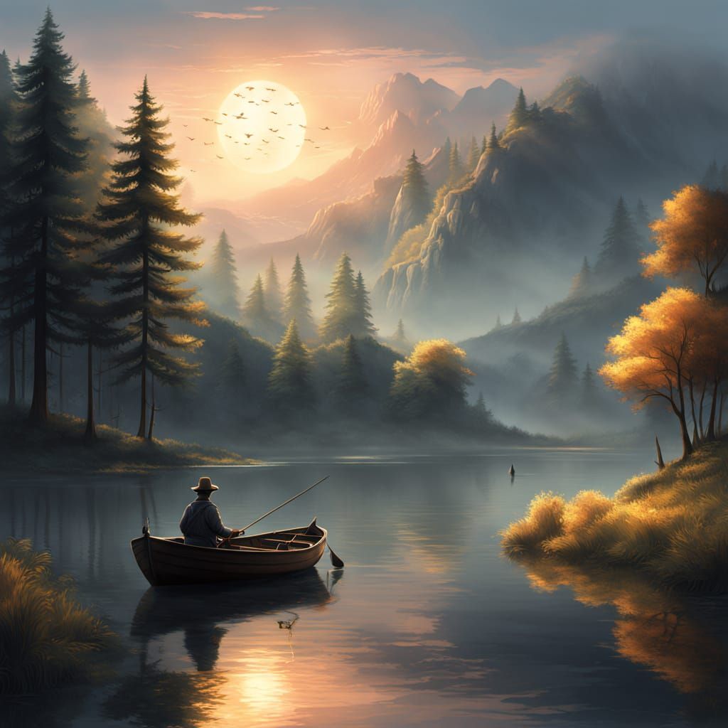 Fisherman on Calm Lake at Sunrise, Digital Matte Painting