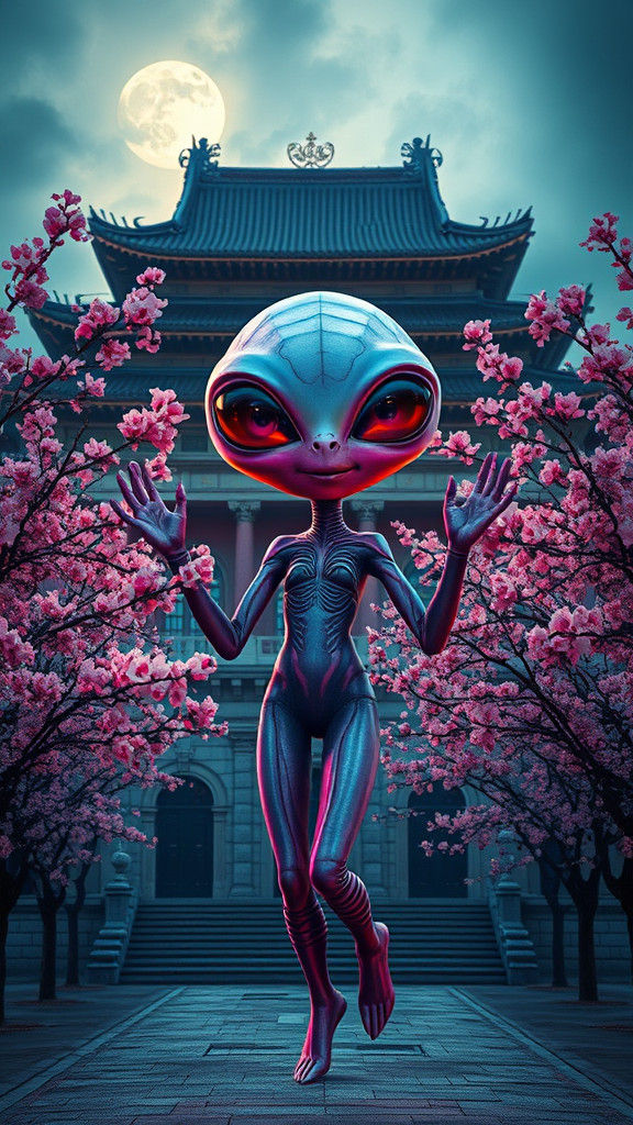 Dancing Alien Girl in Neon Street Art Style