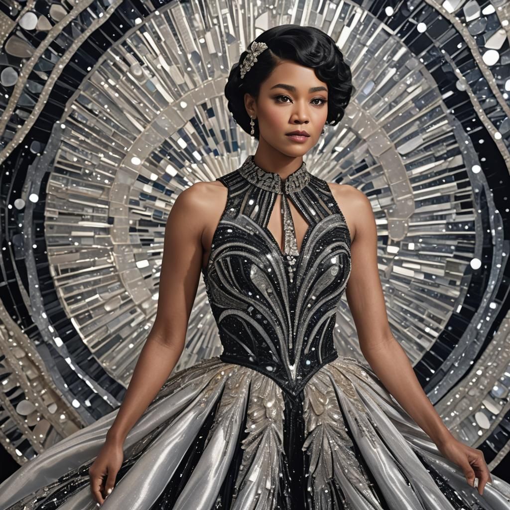 Woman in Crystal Evening Gown in Lavish Ballroom