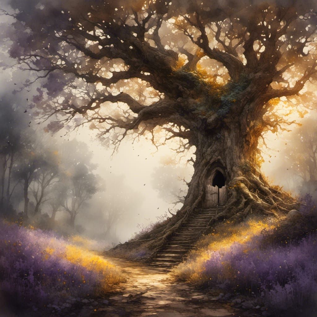 Fairyland Glimpse Through Ancient Oak, Antique Watercolor