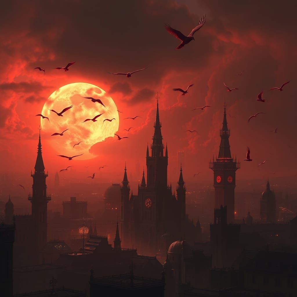 Gothic Cityscape with Red Sky and Birds