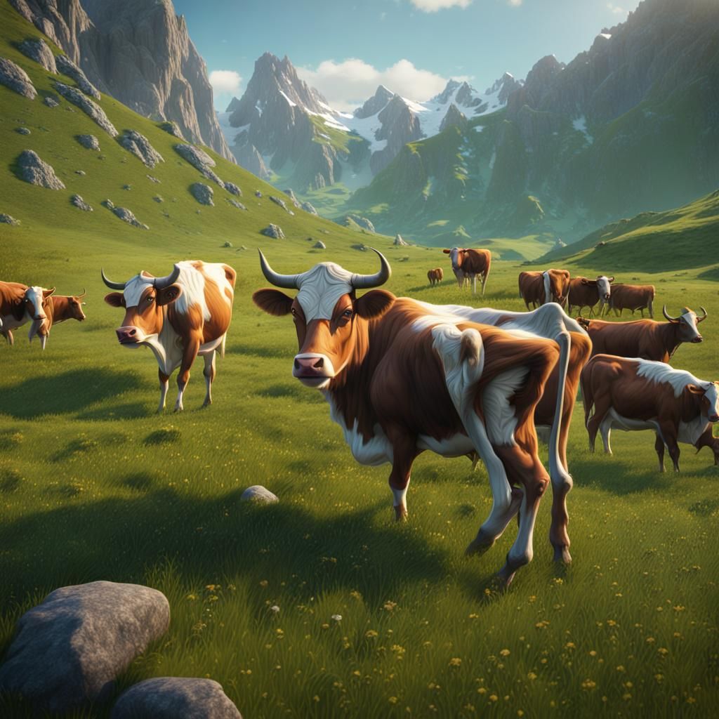 Yaks Grazing in a Green Mountain Meadow