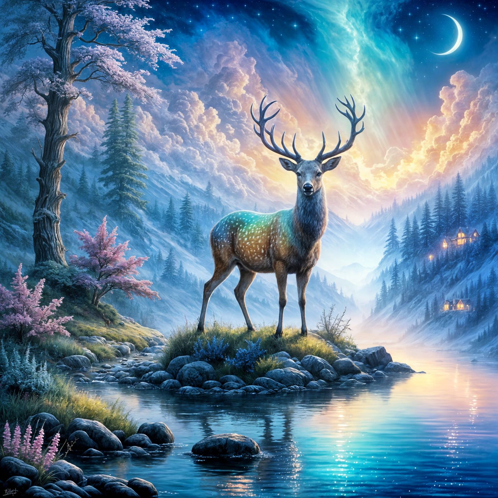 Iridescent Deer Gazing at Night Sky, Fantasy Art