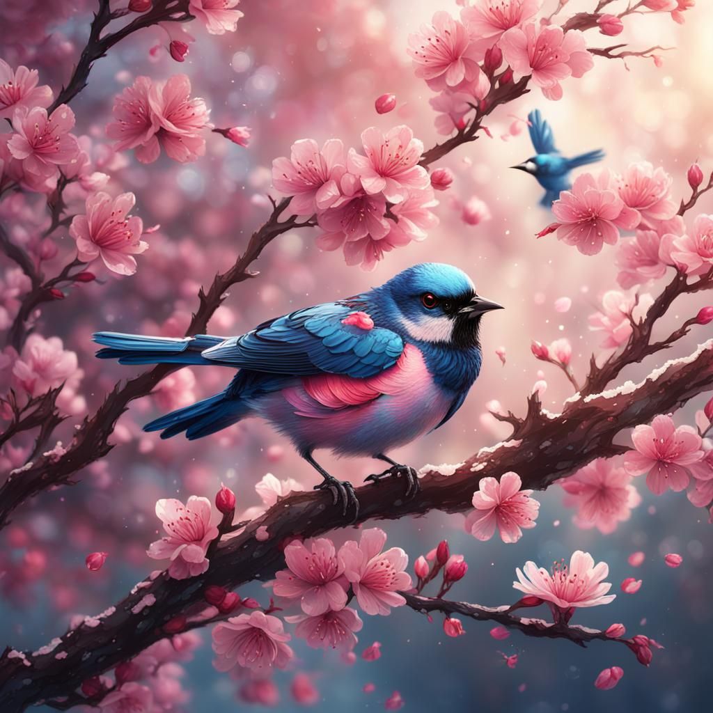 Cherry Blossoms and Birds: Detailed Matte Painting