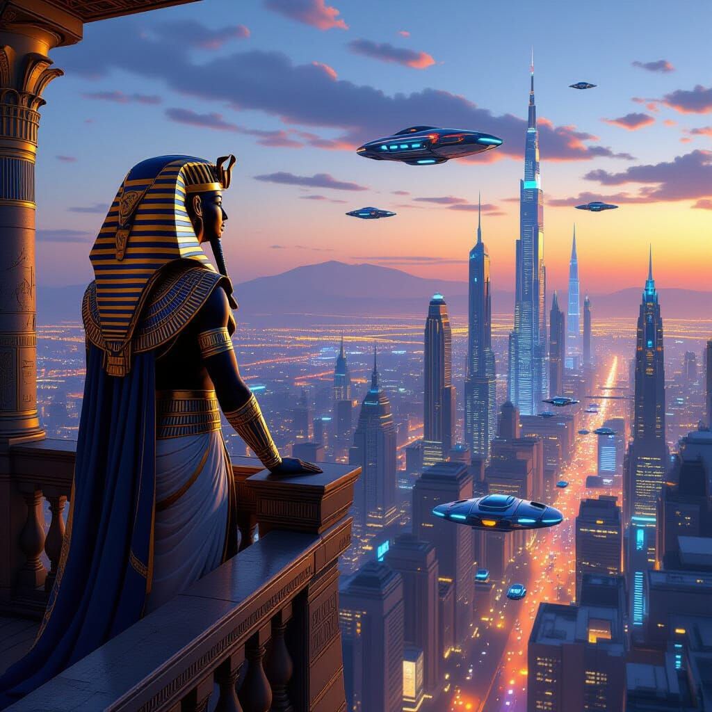 Pharaoh Overlooks Futuristic Cityscape in Concept Art Style