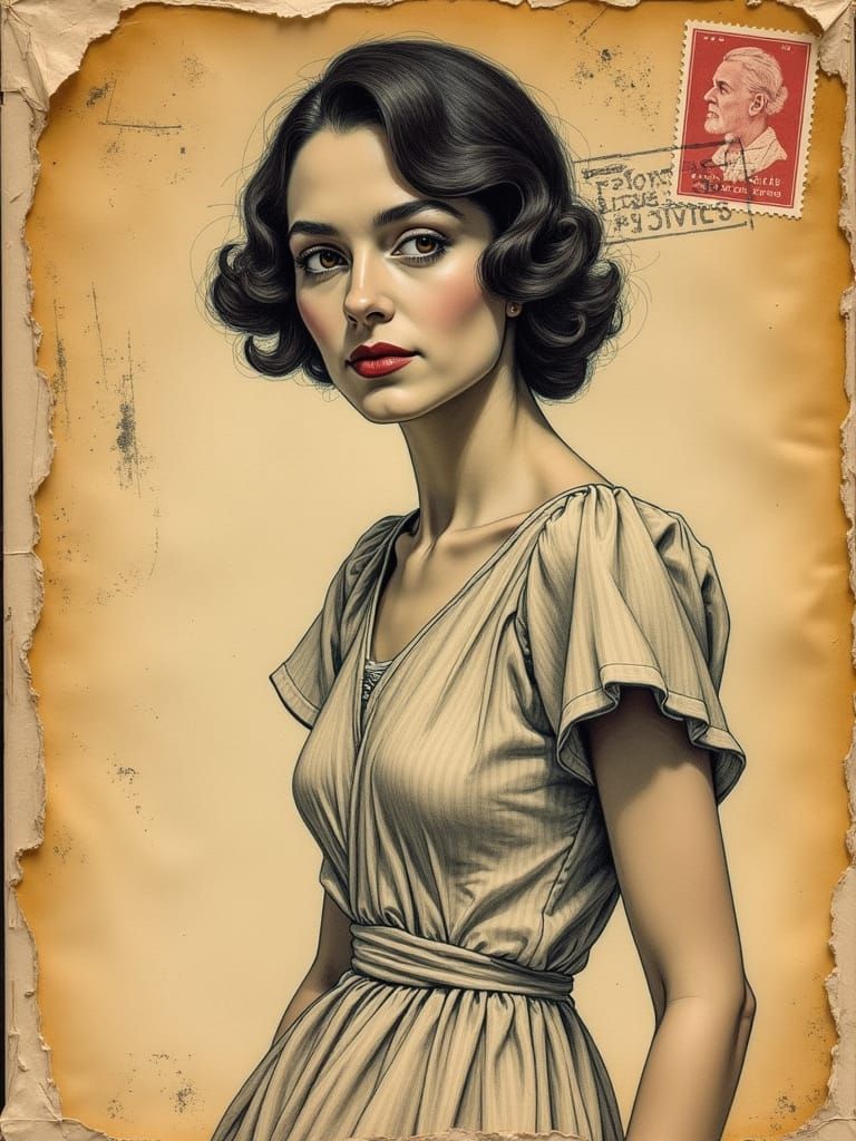 Woman's Portrait on Vintage Envelope in Expressive Style