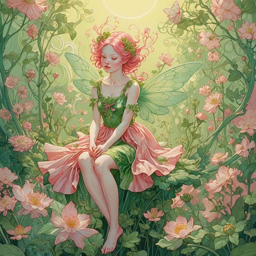 Pink and Green Fairy in Digital Art Style