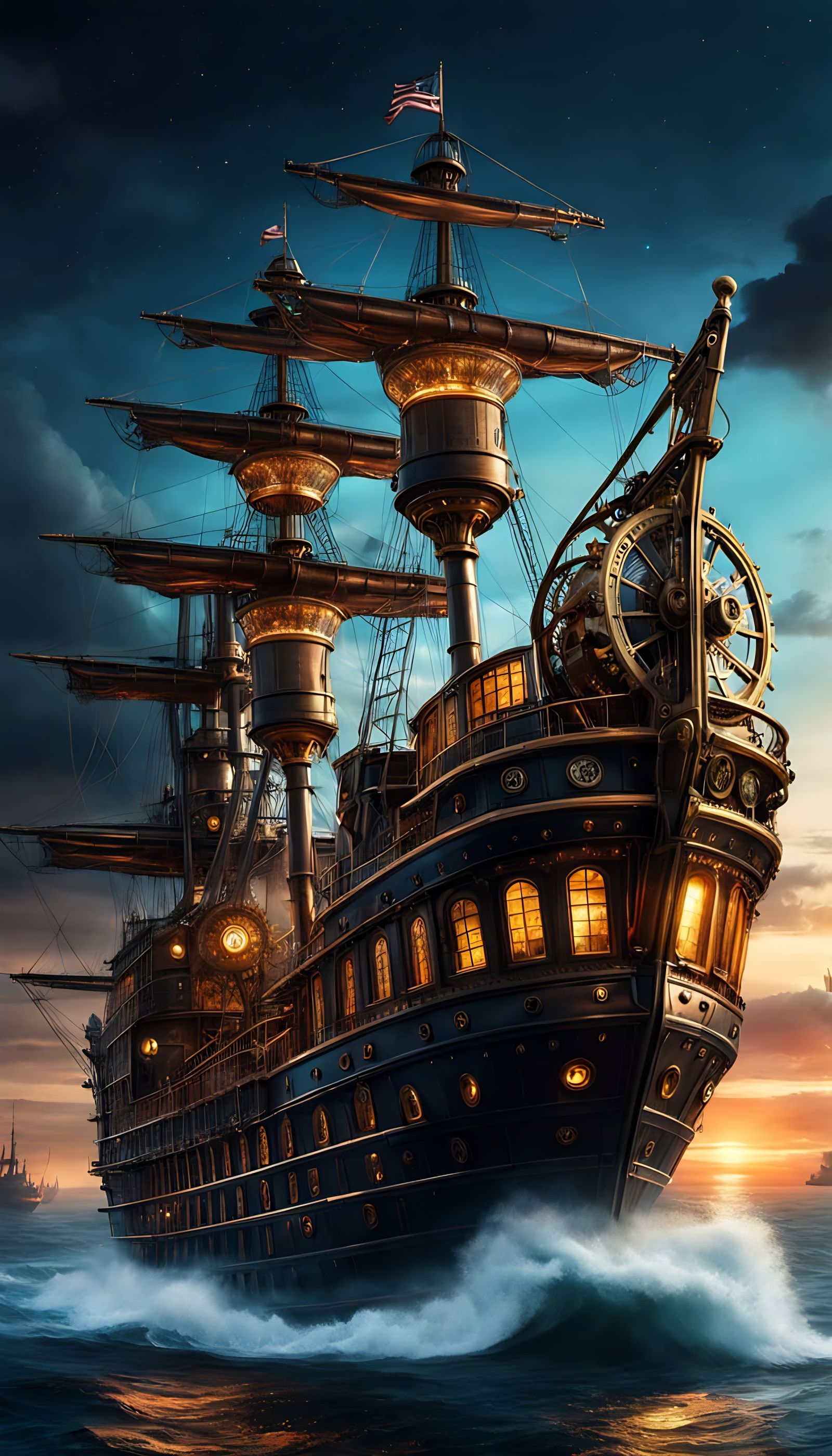 Steampunk Victorian Gothic Greatship Under Majestic Nighttim...