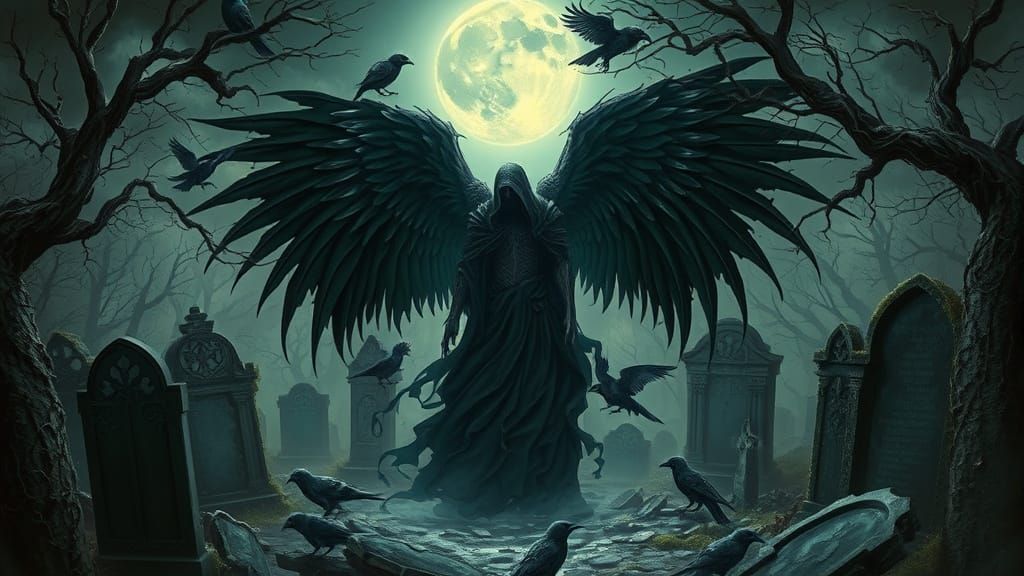 Dark Angel of Death Amidst a Gothic Graveyard