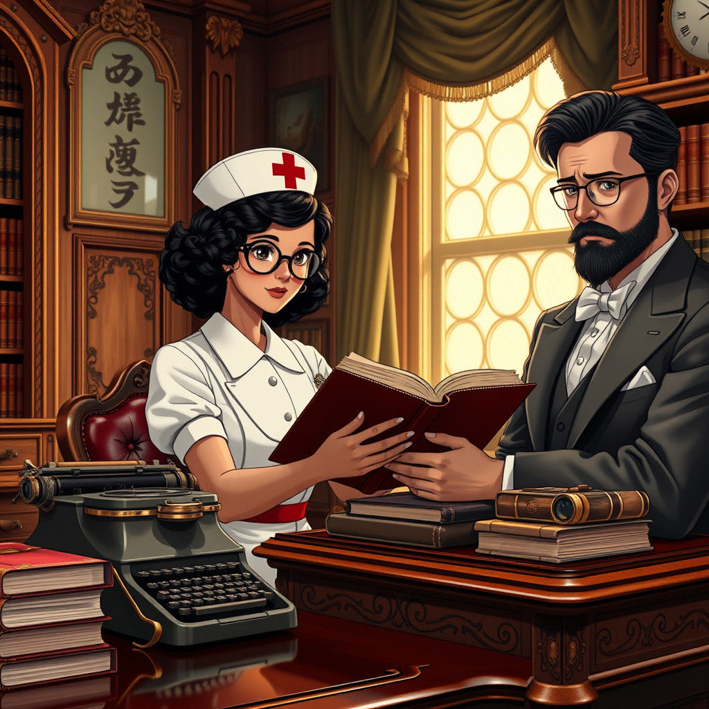 Vintage Latina Nurse in Victorian Library, Ghibli Style