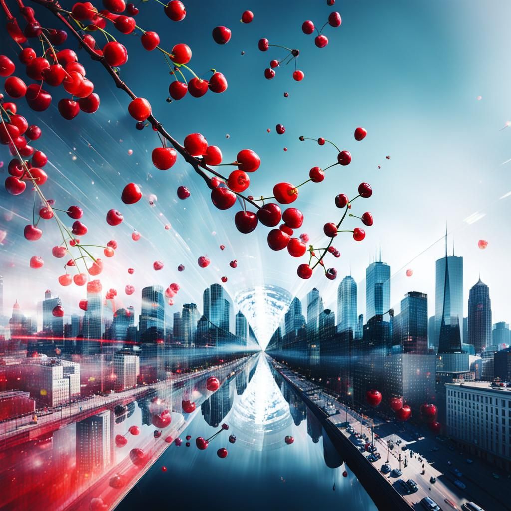 Cherries Meet Cityscape: Double Exposure Art