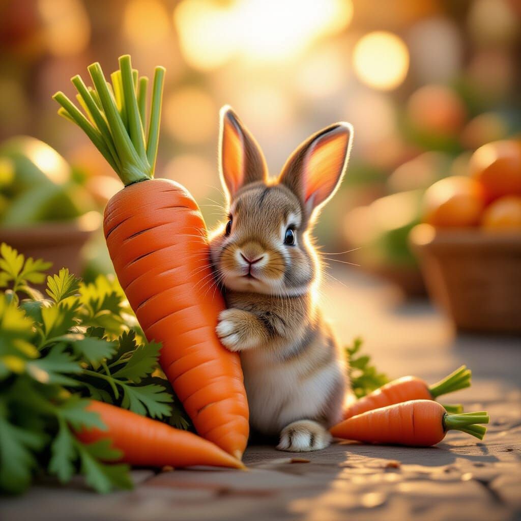 Baby Rabbit Hiding Behind Giant Carrot in Golden Light
