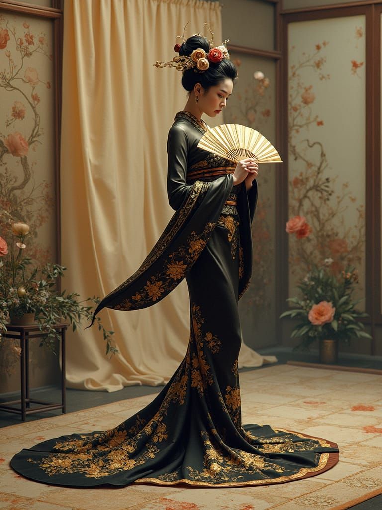 Steampunk Cyborg Geisha in Elegant Kimono Dance