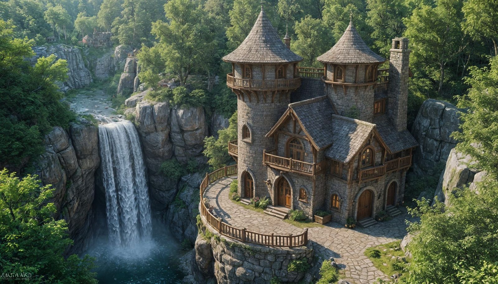 Elven Cottage in Gorge: Matte Painting Aerial View