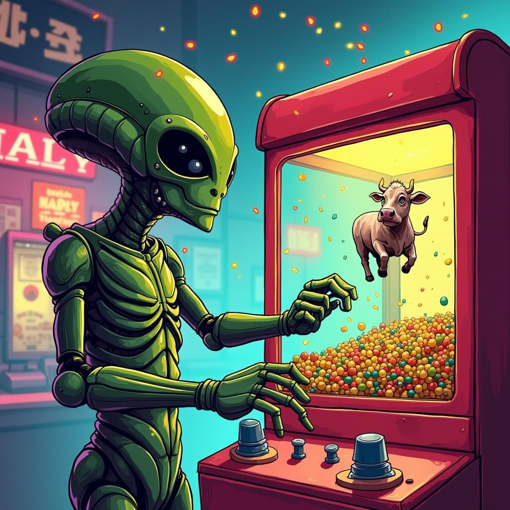 Alien Claw Game Grabs Cow in Retro Arcade