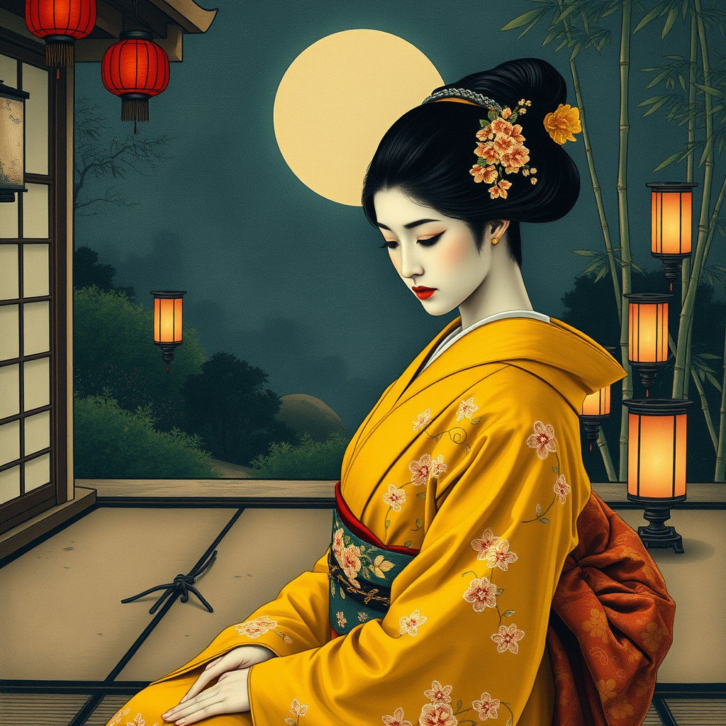 Geisha in Kimono, Japanese Ukiyo-e Style