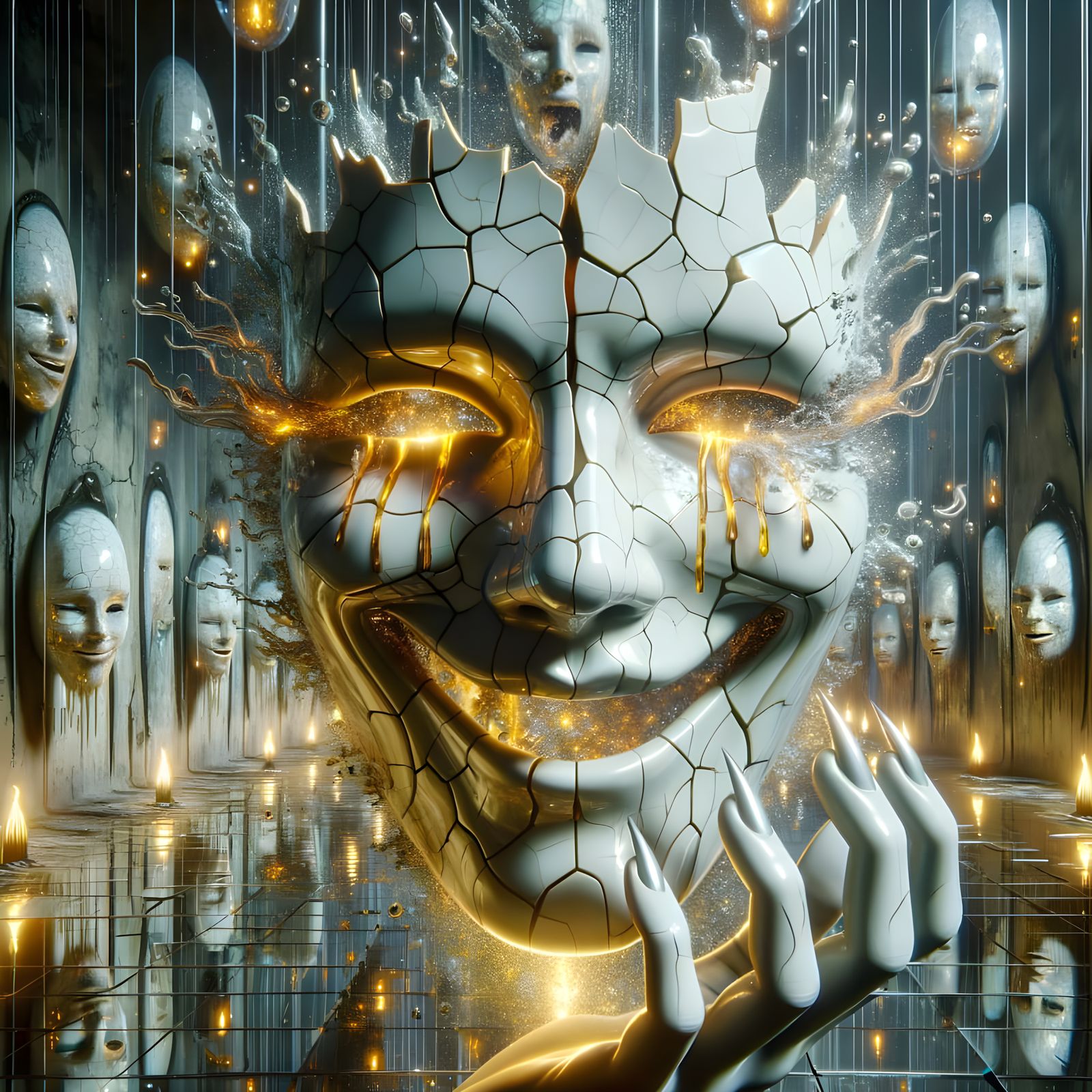 Cracked Porcelain Entity with Glowing Veins and Shimmering F...