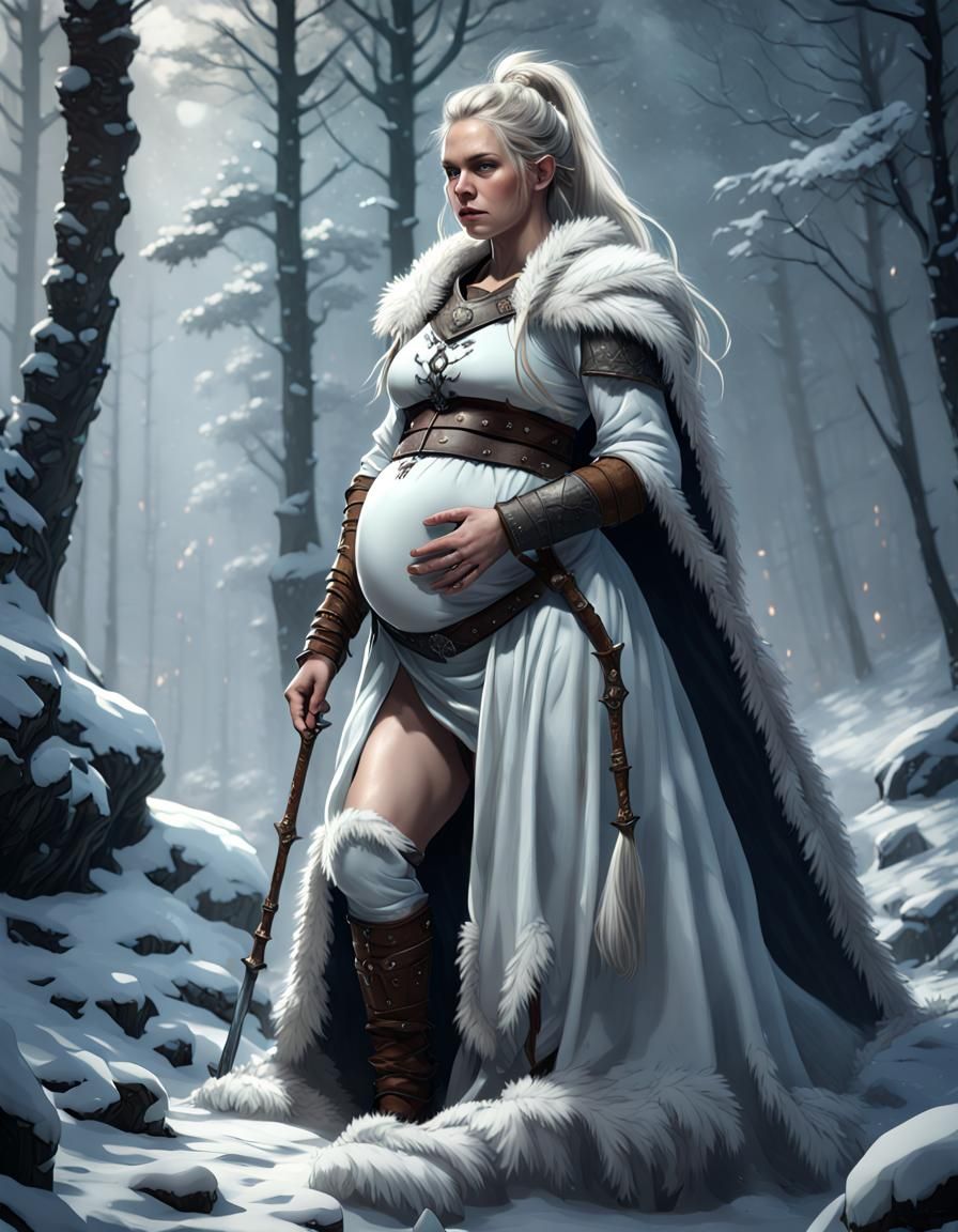 Pregnant Viking Warrior in Snowy Forest: Dark Fantasy Art