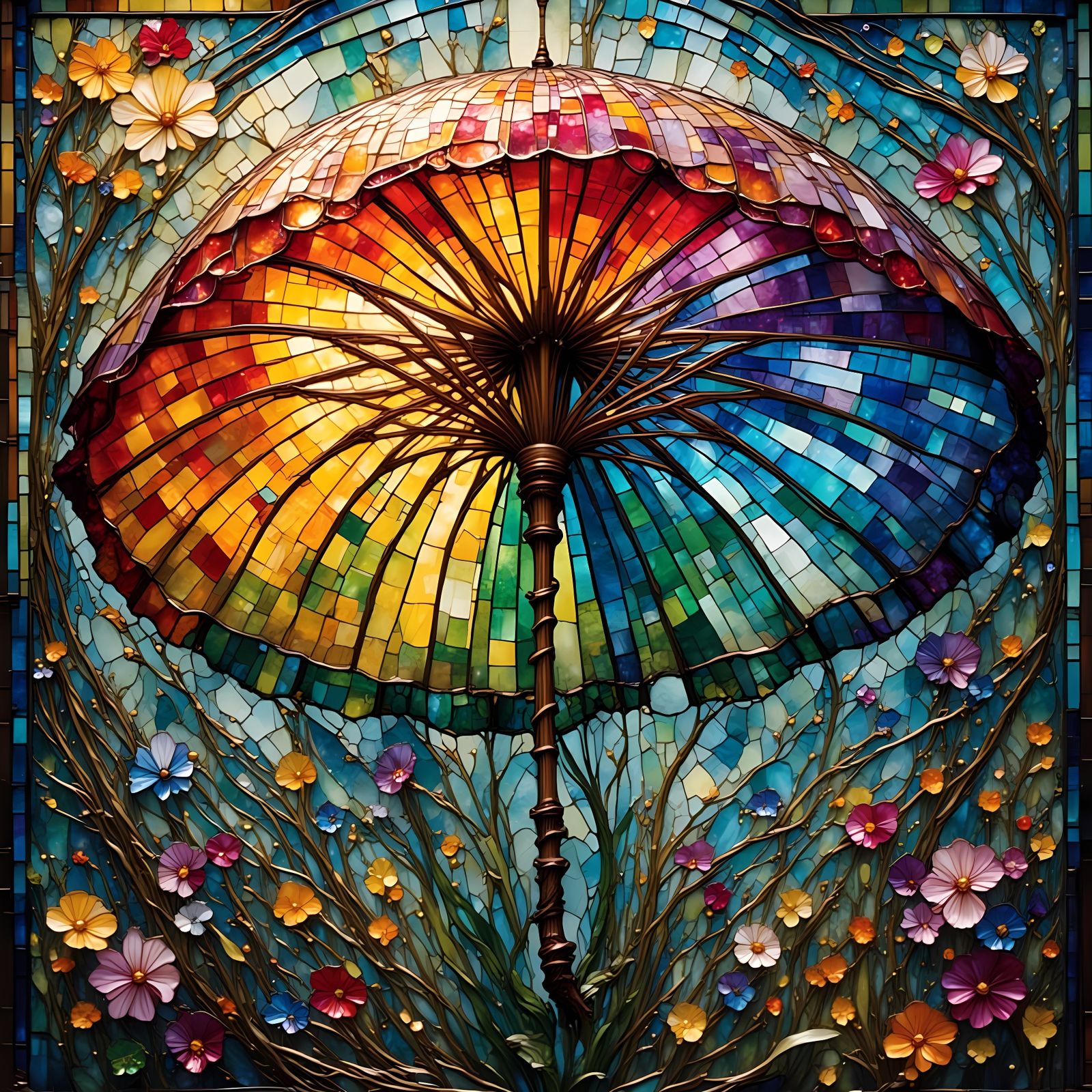 Stained Glass Rainbow Umbrella Galaxy in Mosaic Style