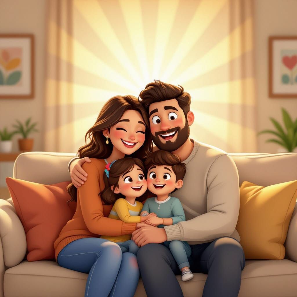 Happy Family Portrait in Pixar-Inspired 3D Cartoon Style