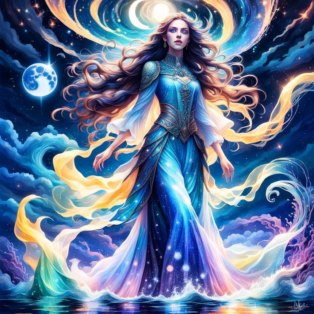 Ethereal Woman Under Starlit Sky, Hyperdetailed 3D Rendering