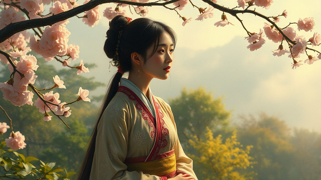 Serene Woman in Hanbok Dress Oil Painting