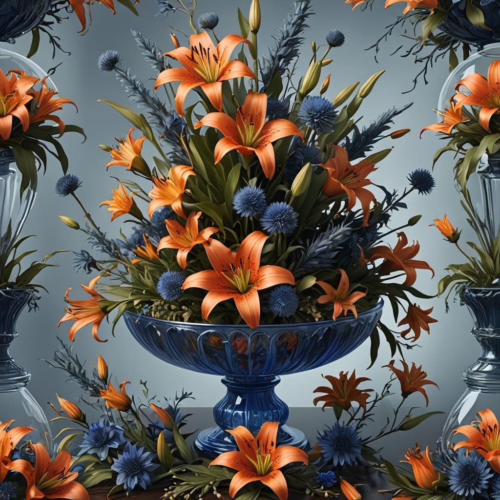 Table Arrangement: Orange Lilies and Blue Thistle