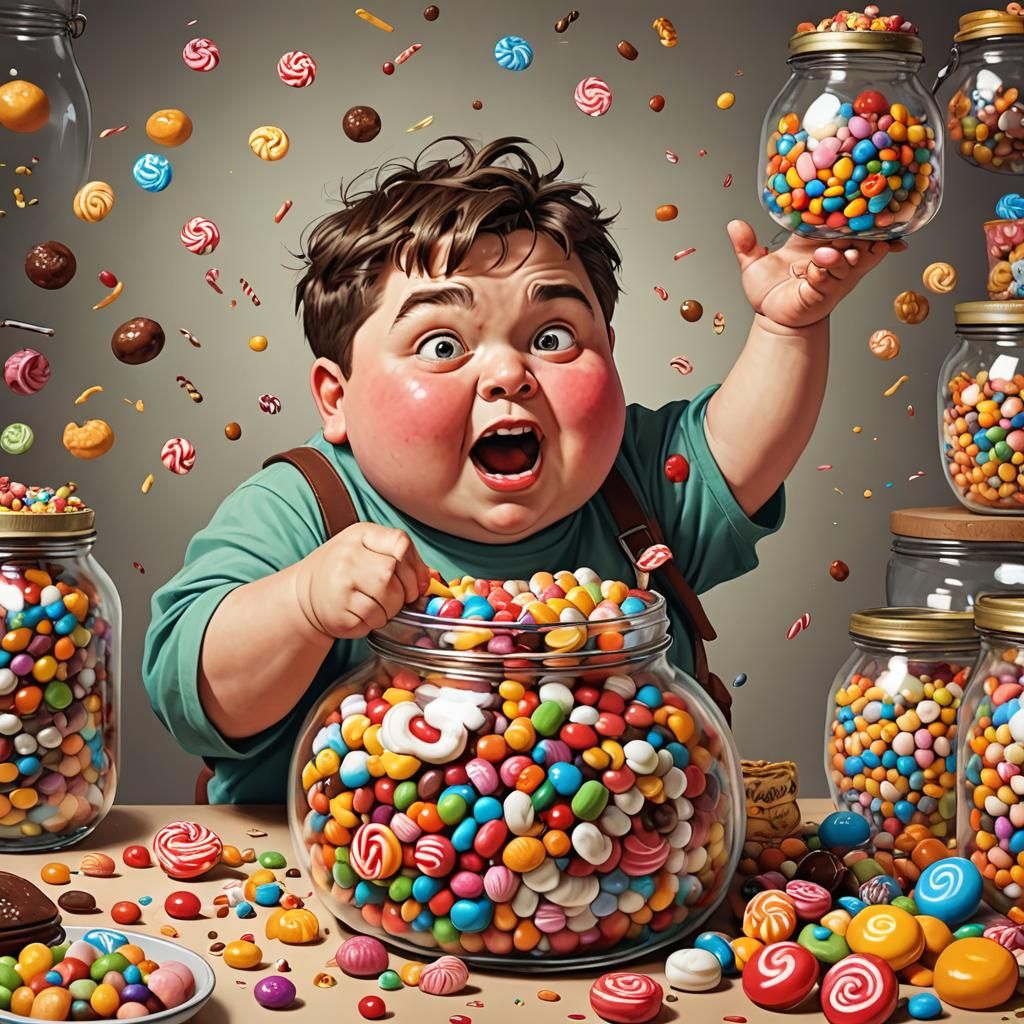 Comically Plump Boy and Jar of Sweets