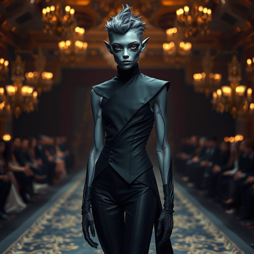 Alien Model on Runway in Gothic Style