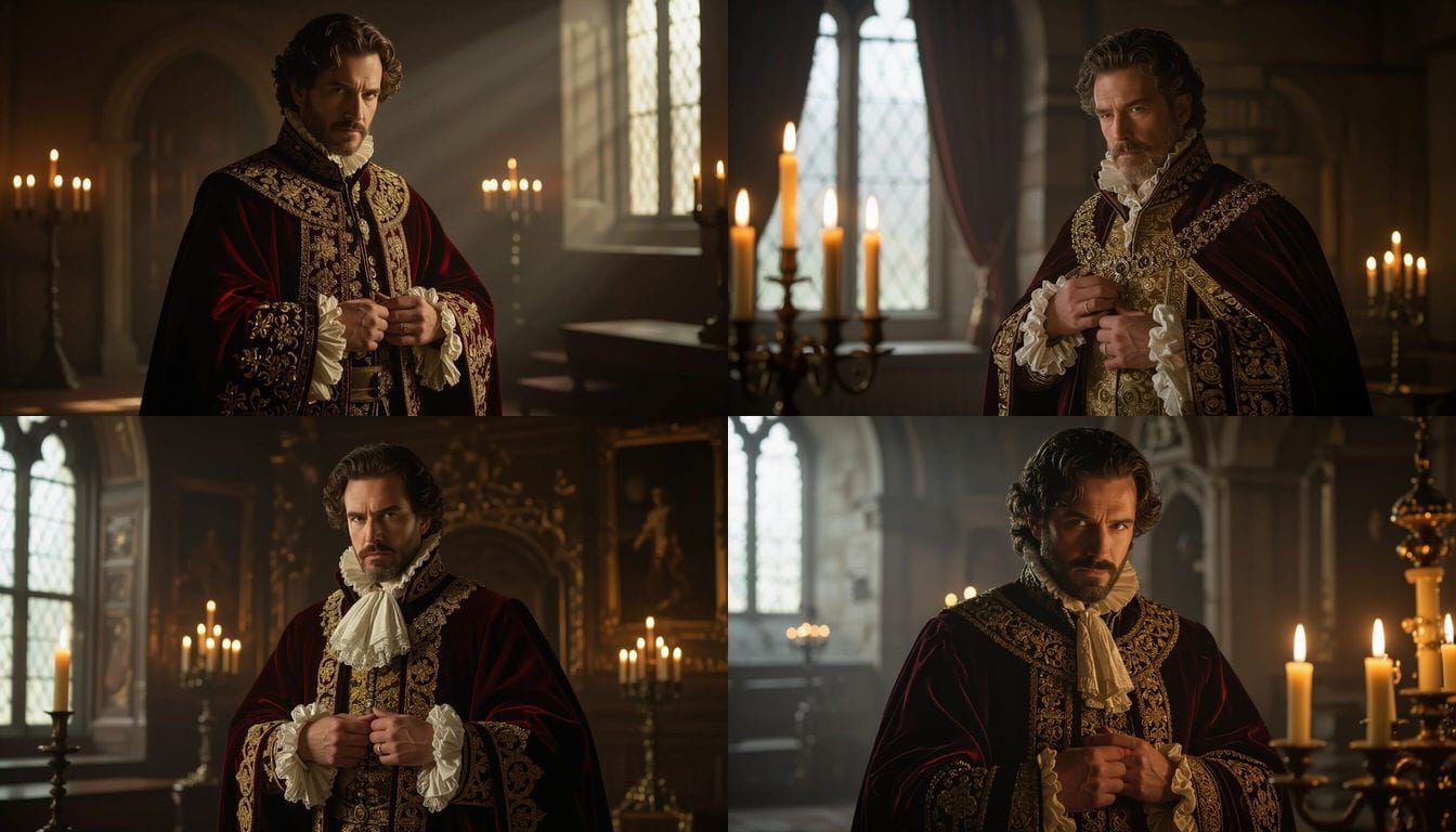 Nobleman Adjusting Robe in Candlelit Castle Chamber