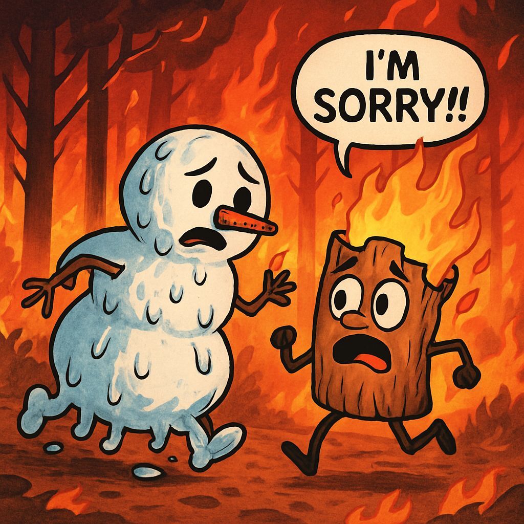 Melting Snowman Flees Forest Fire with Flaming Log