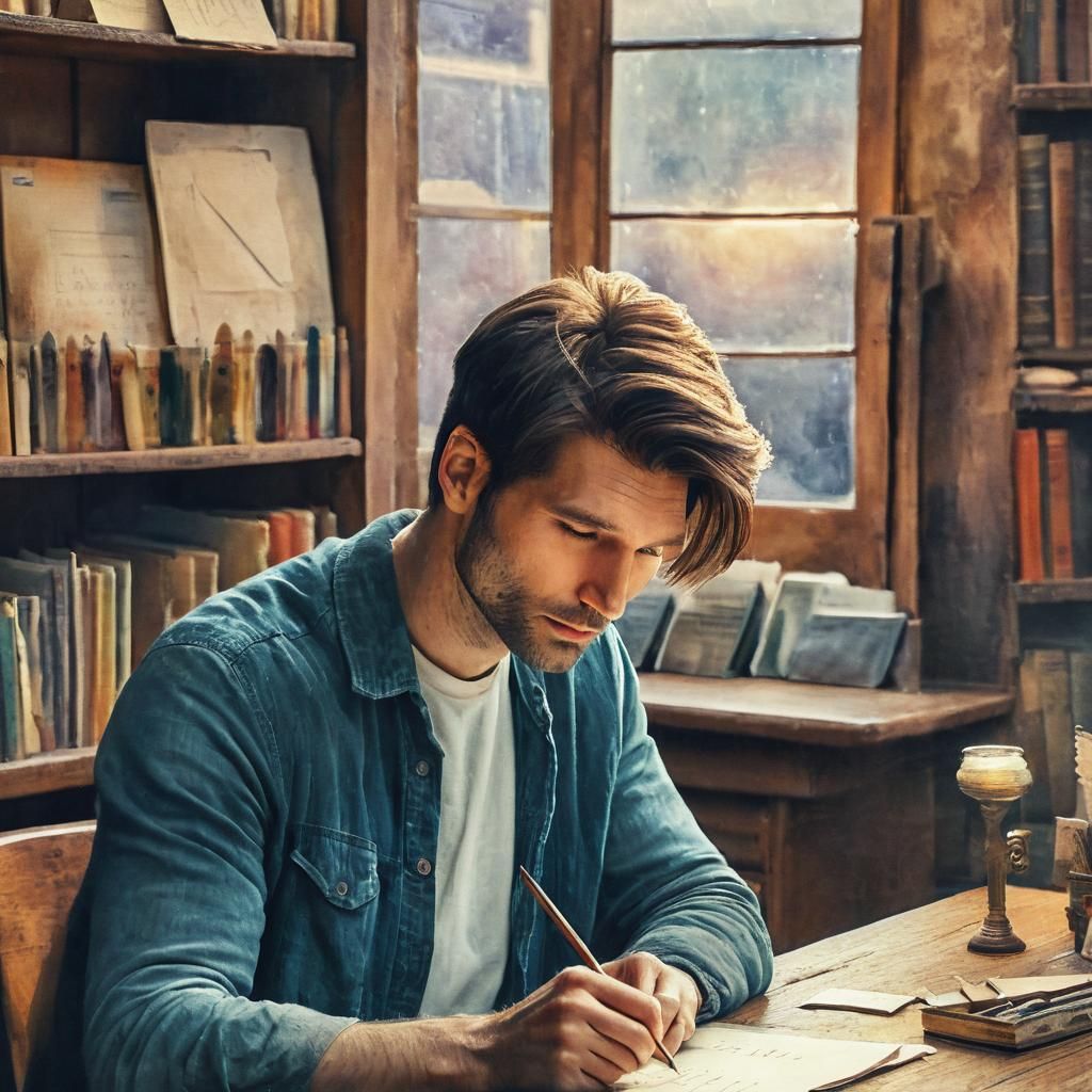 Watercolor Painting of Writer in Bookstore