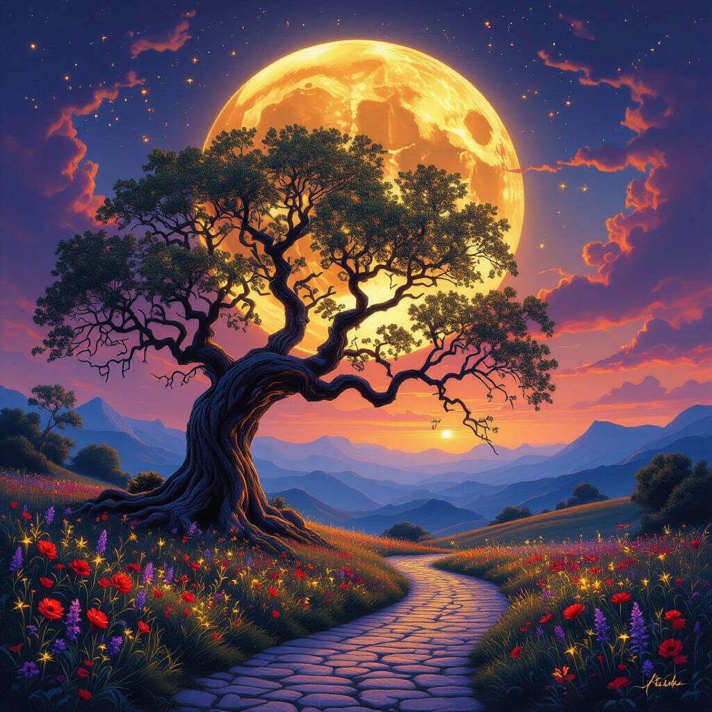 Enormous Ancient Tree Under Golden Moon in Fantasy Twilight