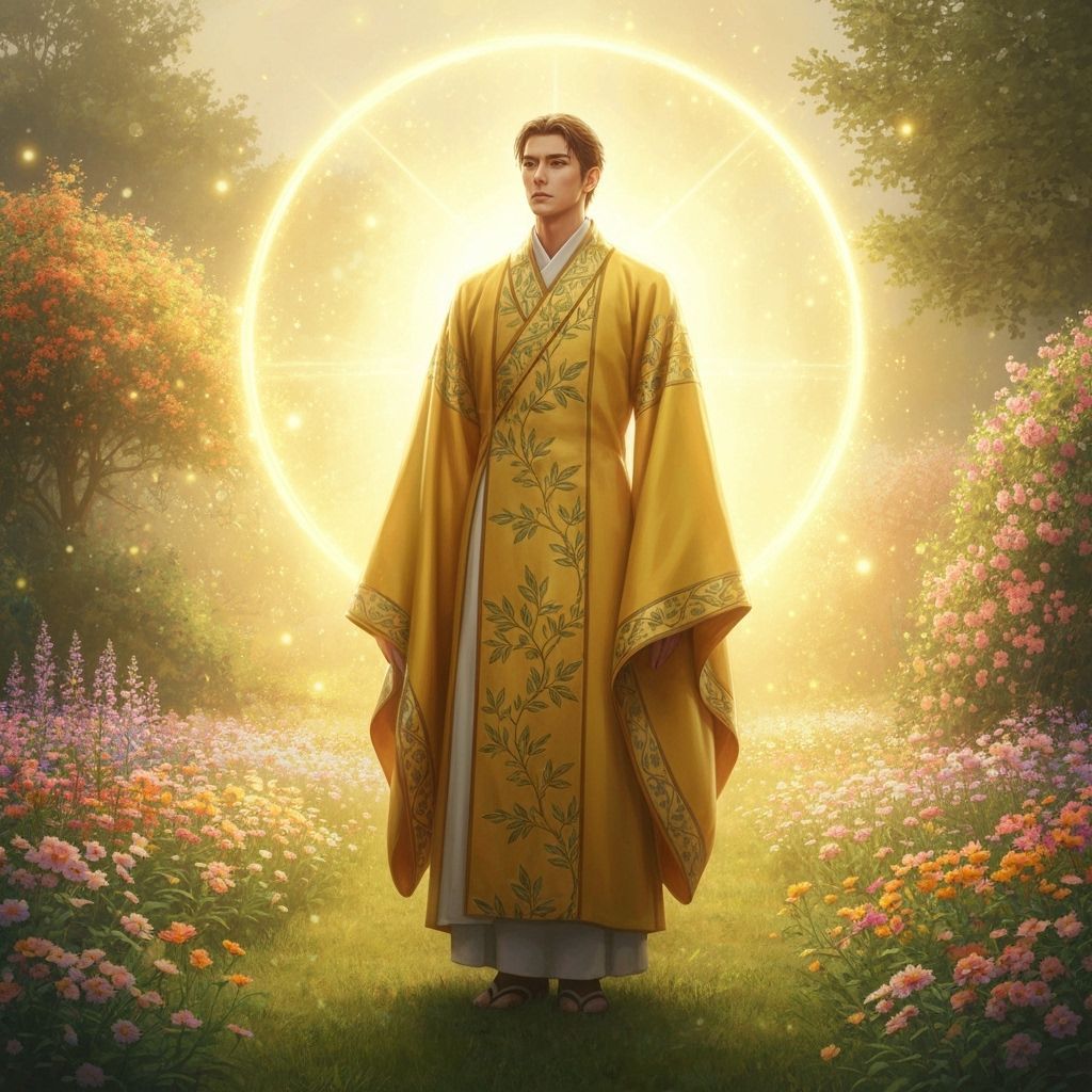 Radiant Man in Golden Garden: Dreamy Ethereal Art