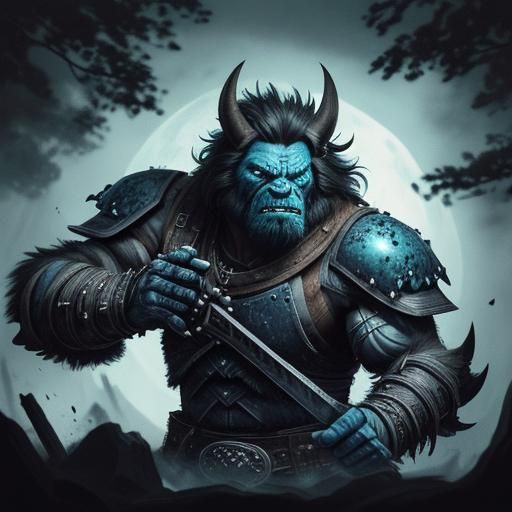 Fantasy Ork Barbarian Warrior in Blue Monochrome