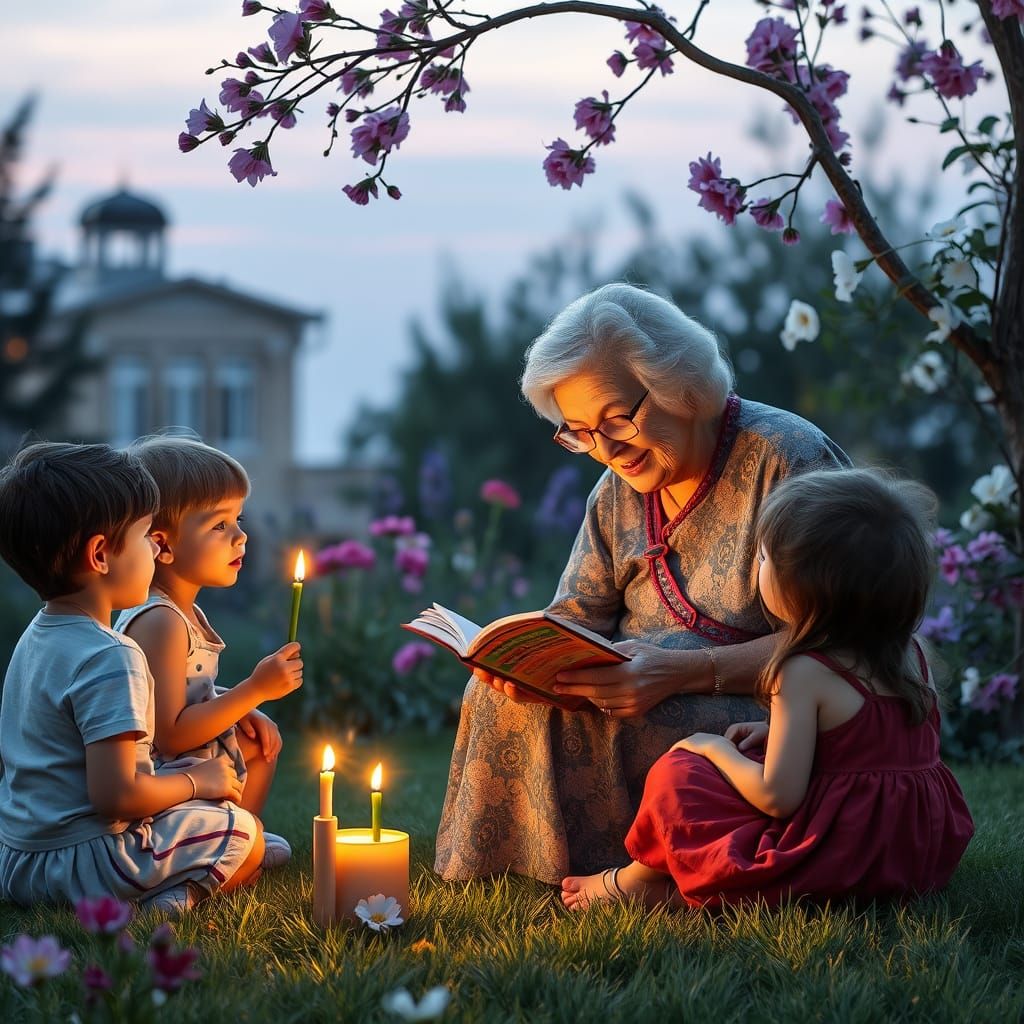 Grandmother Shares Whimsical Tales in a Vibrant Evening Gard...