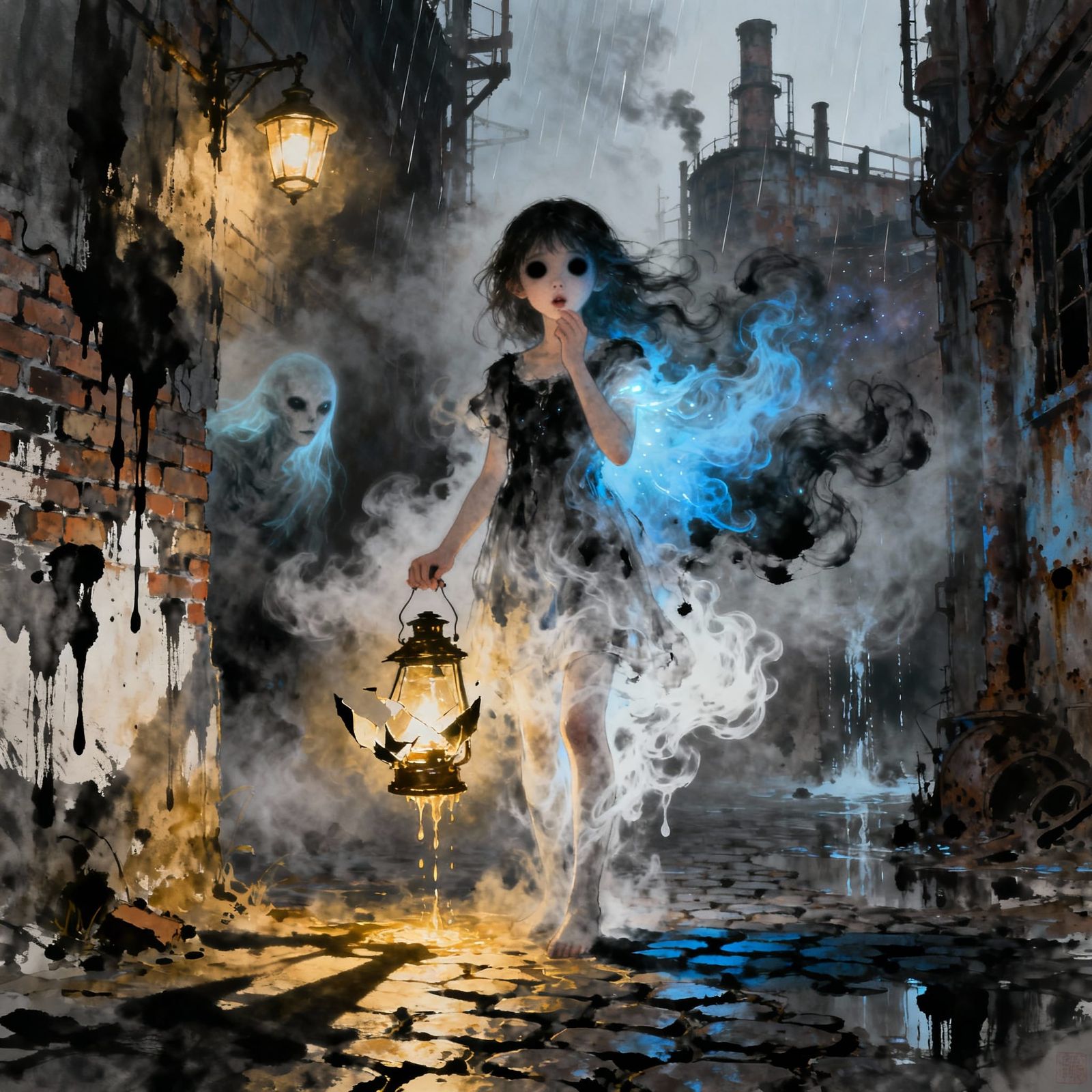 Ethereal Girl with Broken Lantern in Shadow Alley