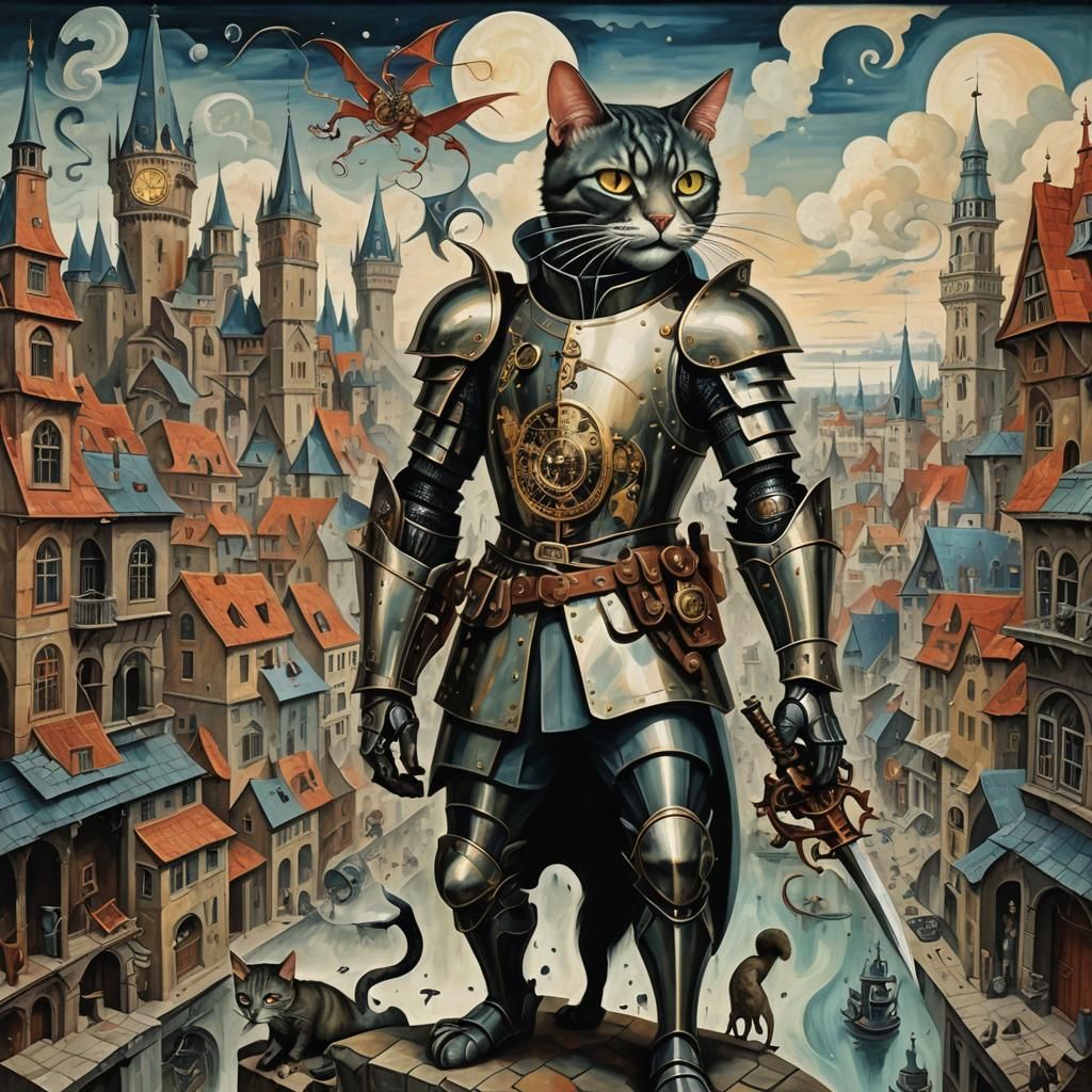 Surreal Dreamscape with Dragon Rider in Cubist City