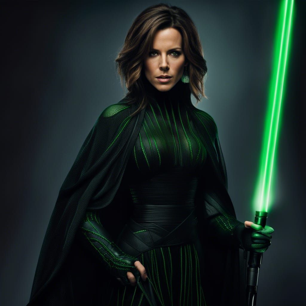 Woman in Black Cloak Holding Green Lightsaber