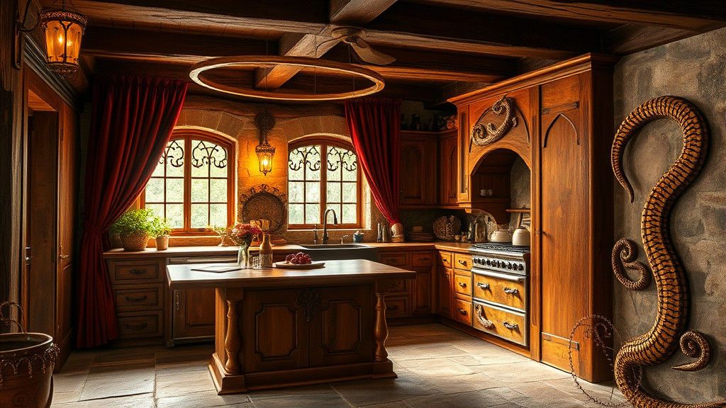 Rustic Kitchen with Serpent Design in Mystical Style