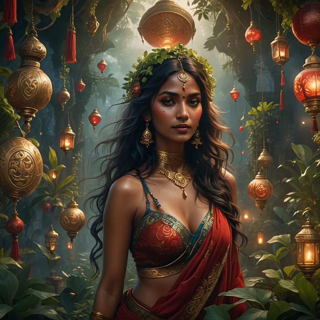 Mystical Indian Woman in Red: Fantasy Art Nouveau