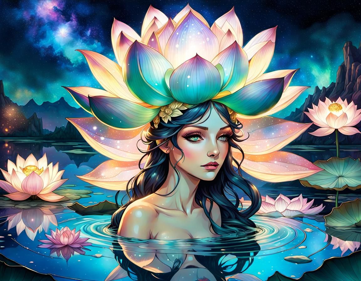 Mystical Siren Behind Holographic Lotus: Alphonse Mucha Styl...